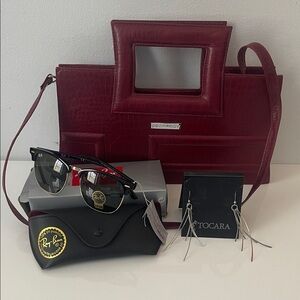 Fashion Black Sunglasses with Burgundy Handbag & Tocara Silver Earing (3 pcs set